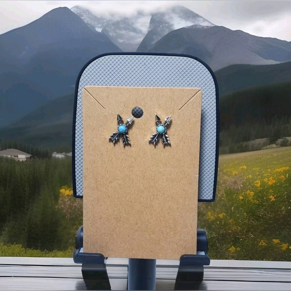 Handmade Turquoise Arrows Stud Silver Accent Earrings